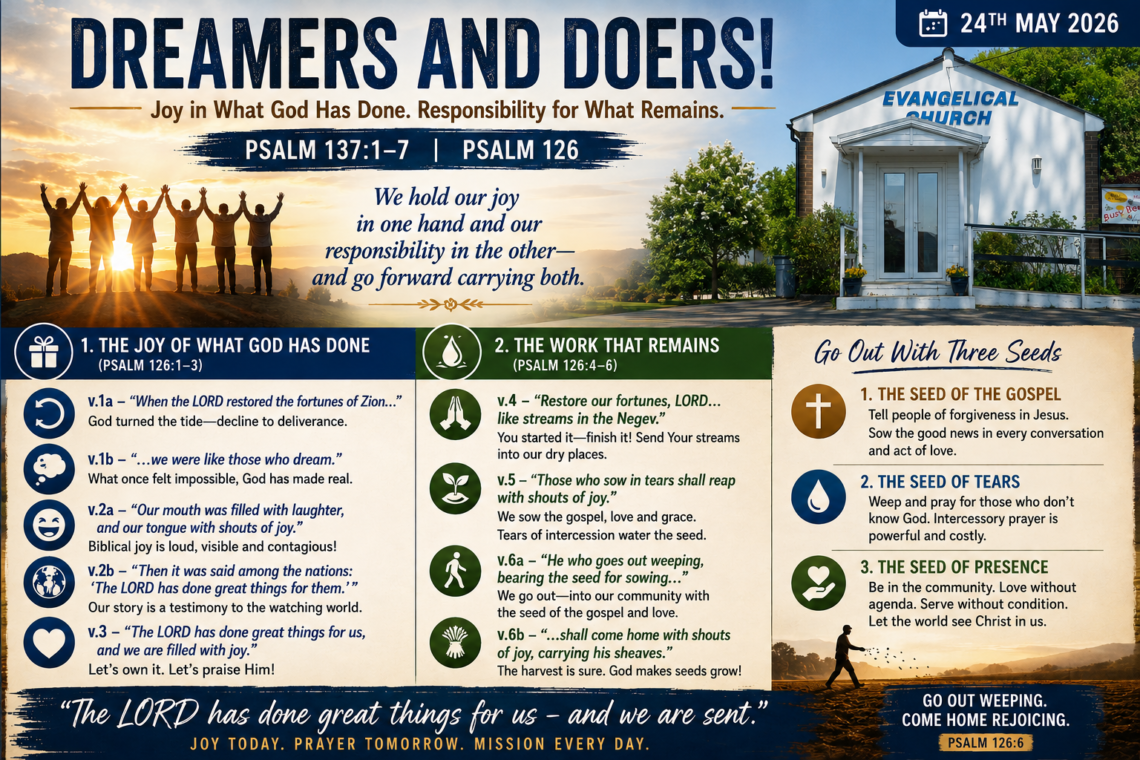 Sunday worship 24th of May 2026, “Dreamers and doers!”